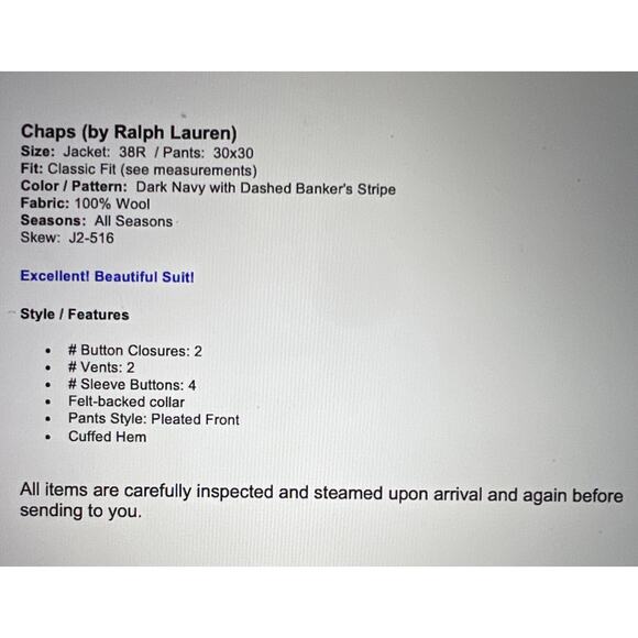 Chaps 38R 30x30 Navy Blue Dashed Banker's Stripe Suit Quality Classic Fit - Picture 2 of 16